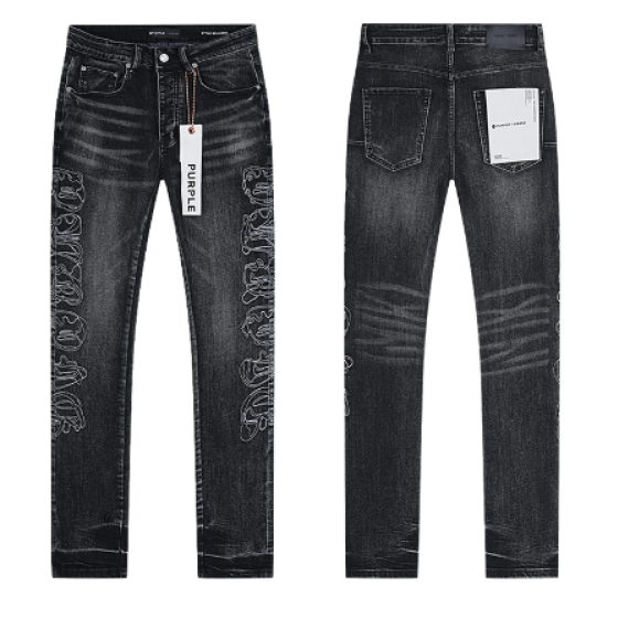 Black Washed Slim Denim Jeans with Gothic "PURPLE" Lettering Embroidery
